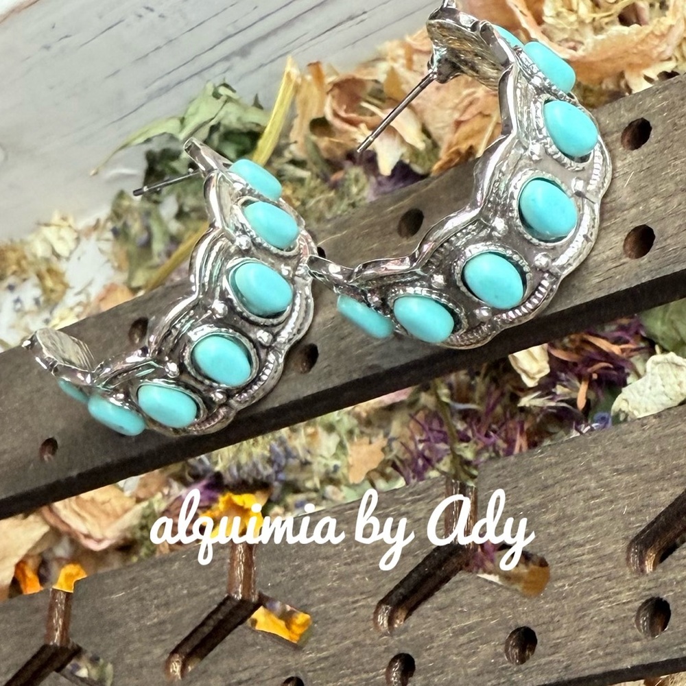 Turquoise Hoops Silver Statement Unique Earrings - image 1